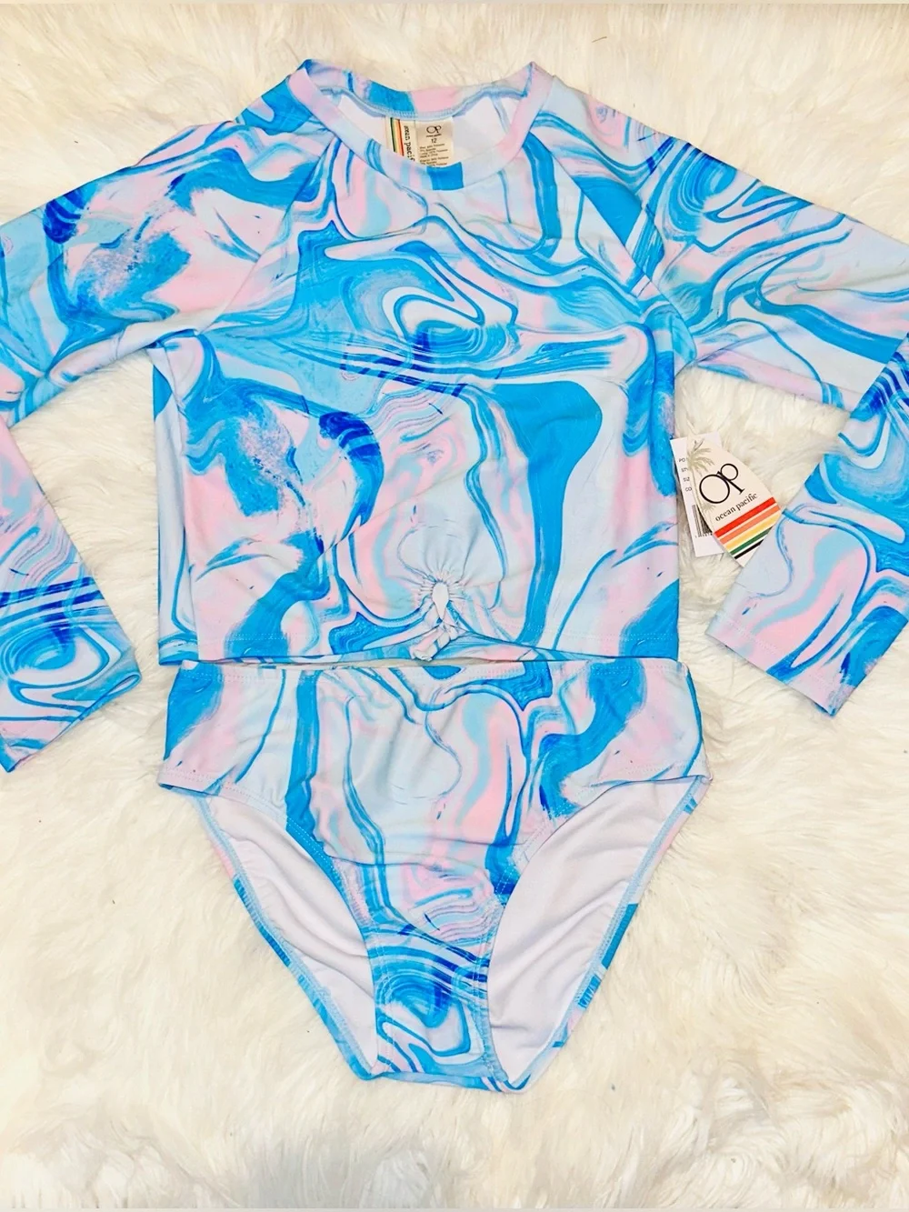 NEW Marble Swirl Long Sleeve Rash guard Swimsuit set - Blue & Pink Size 12